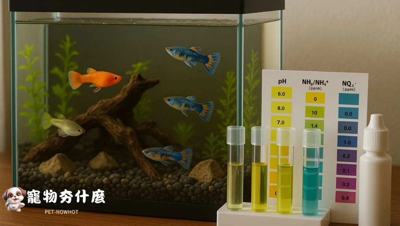 孔雀魚缸水質檢測示意