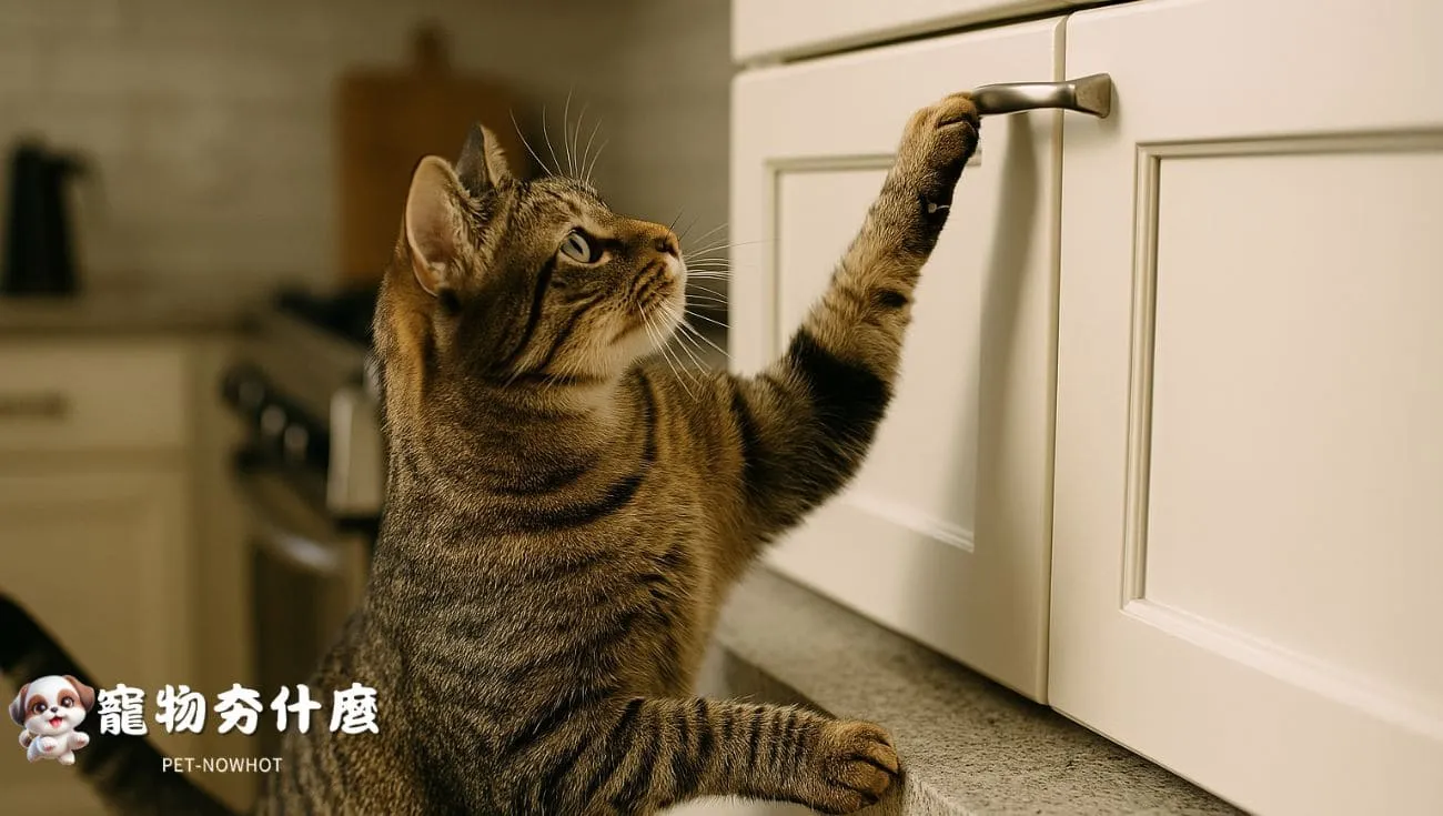 虎斑貓模仿人類開櫃動作