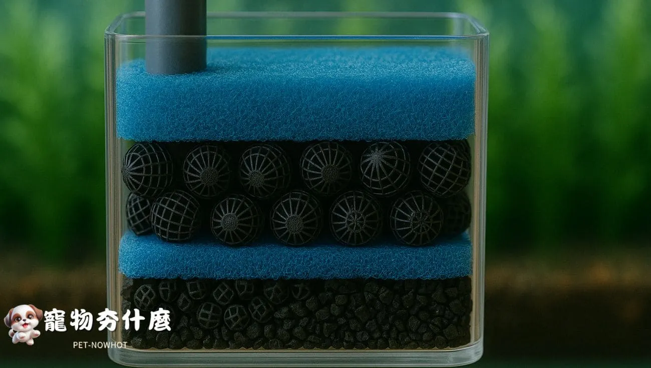 魚缸多層濾材剖面示意
