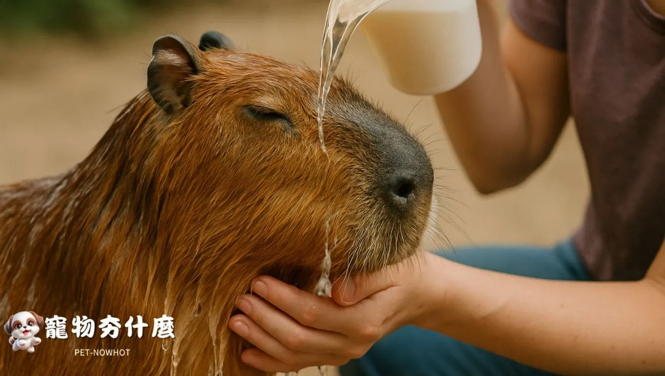  洗澡中的水豚與照護者