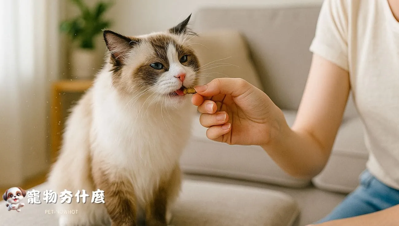 拉格多貓清潔後吃零食