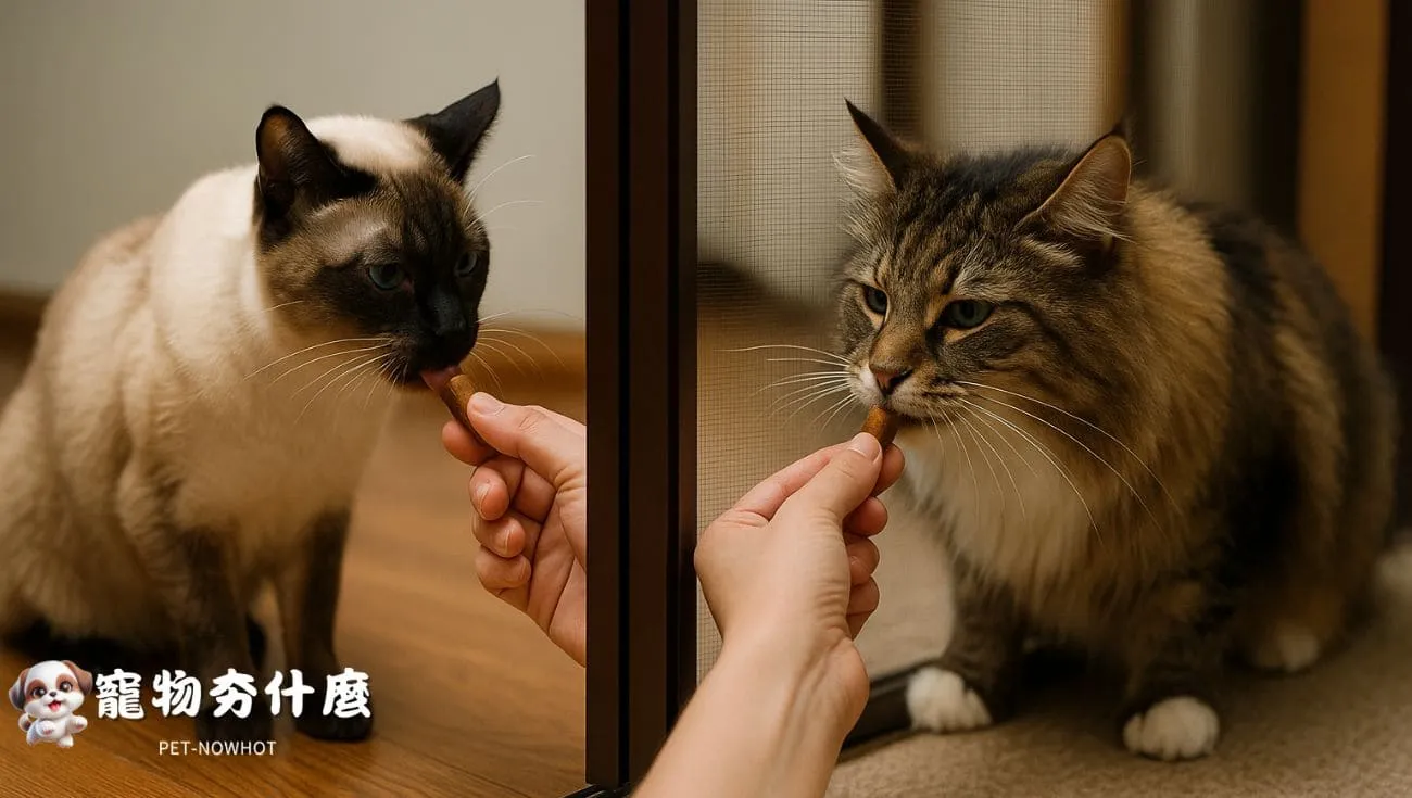 兩貓隔門吃零食互動