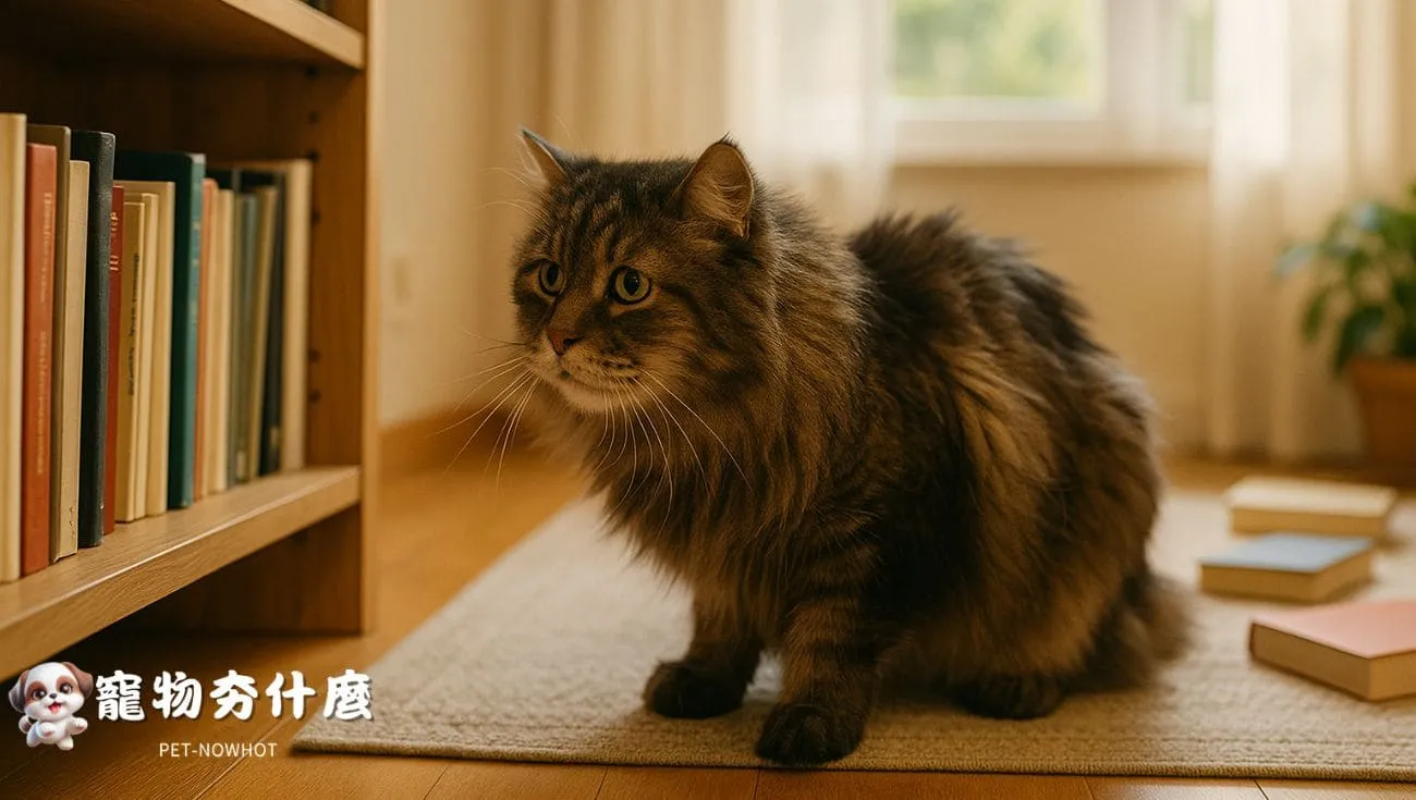 緬因貓猶豫跳上書架