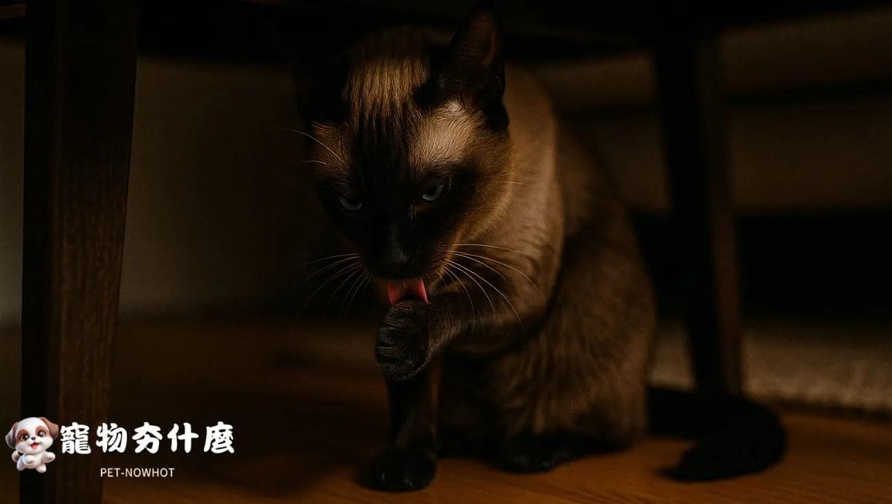 暹羅貓躲桌下舔前腳