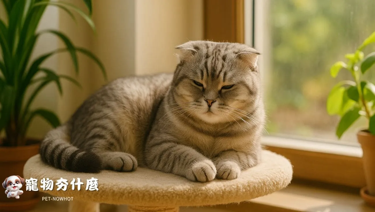 摺耳貓放鬆躺貓跳台上