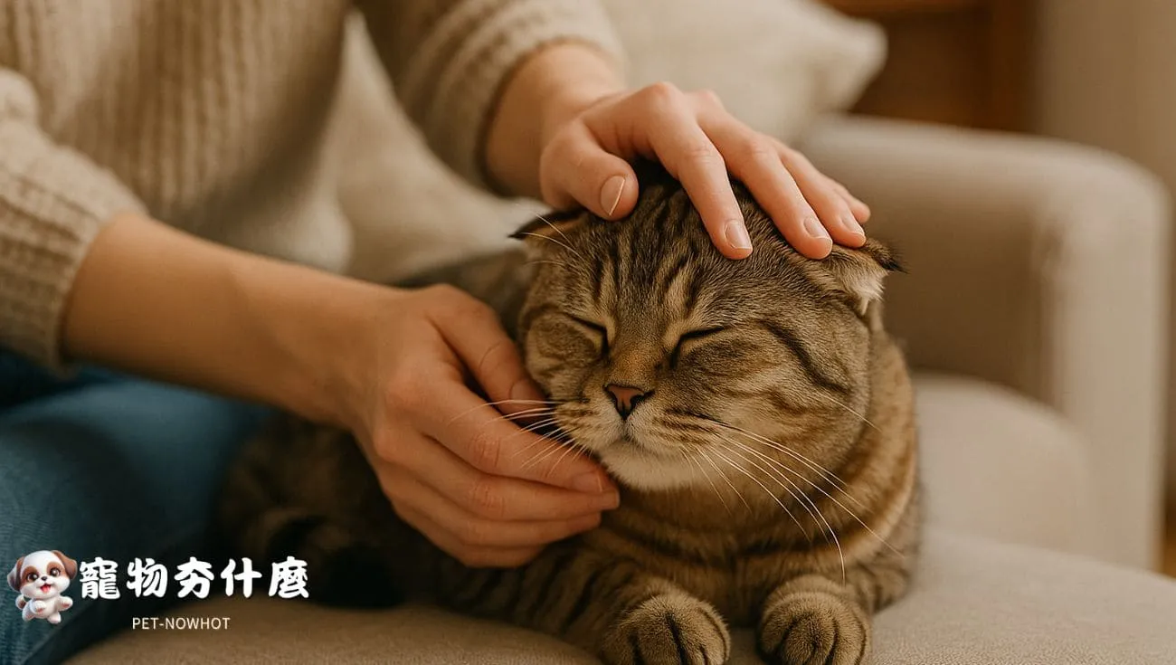 摺耳貓放鬆躺沙發被輕柔撫摸