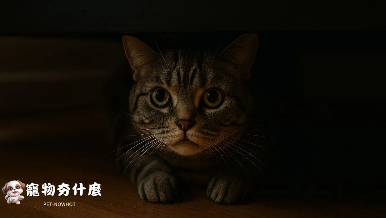 美短貓躲在床底警戒觀察環境