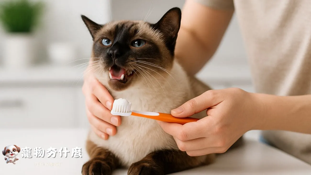 飼主在家為暹羅貓進行牙齒清潔