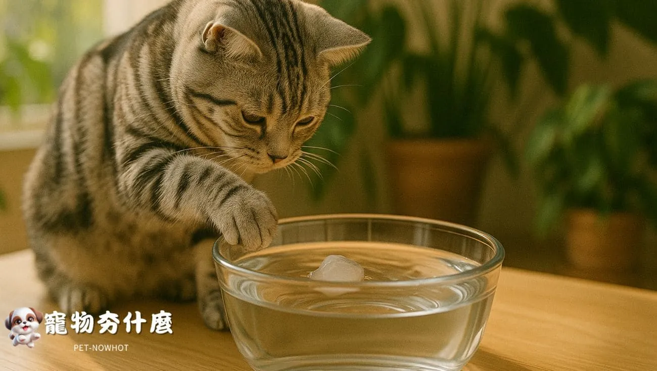 美短貓玩冰塊於水碗中
