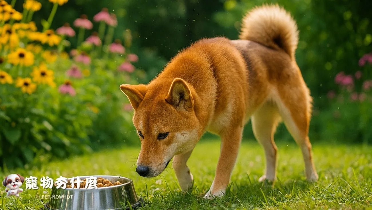 柴犬在花園中聞草地