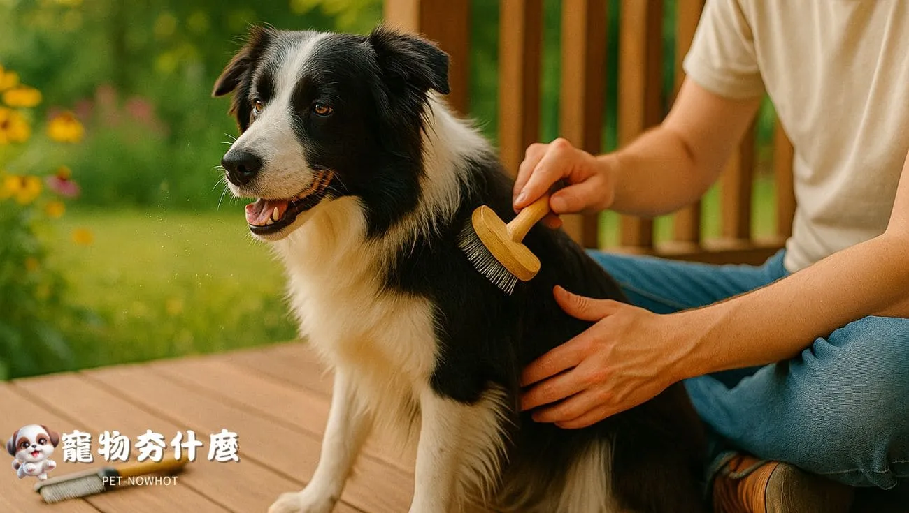 邊境牧羊犬在戶外梳毛