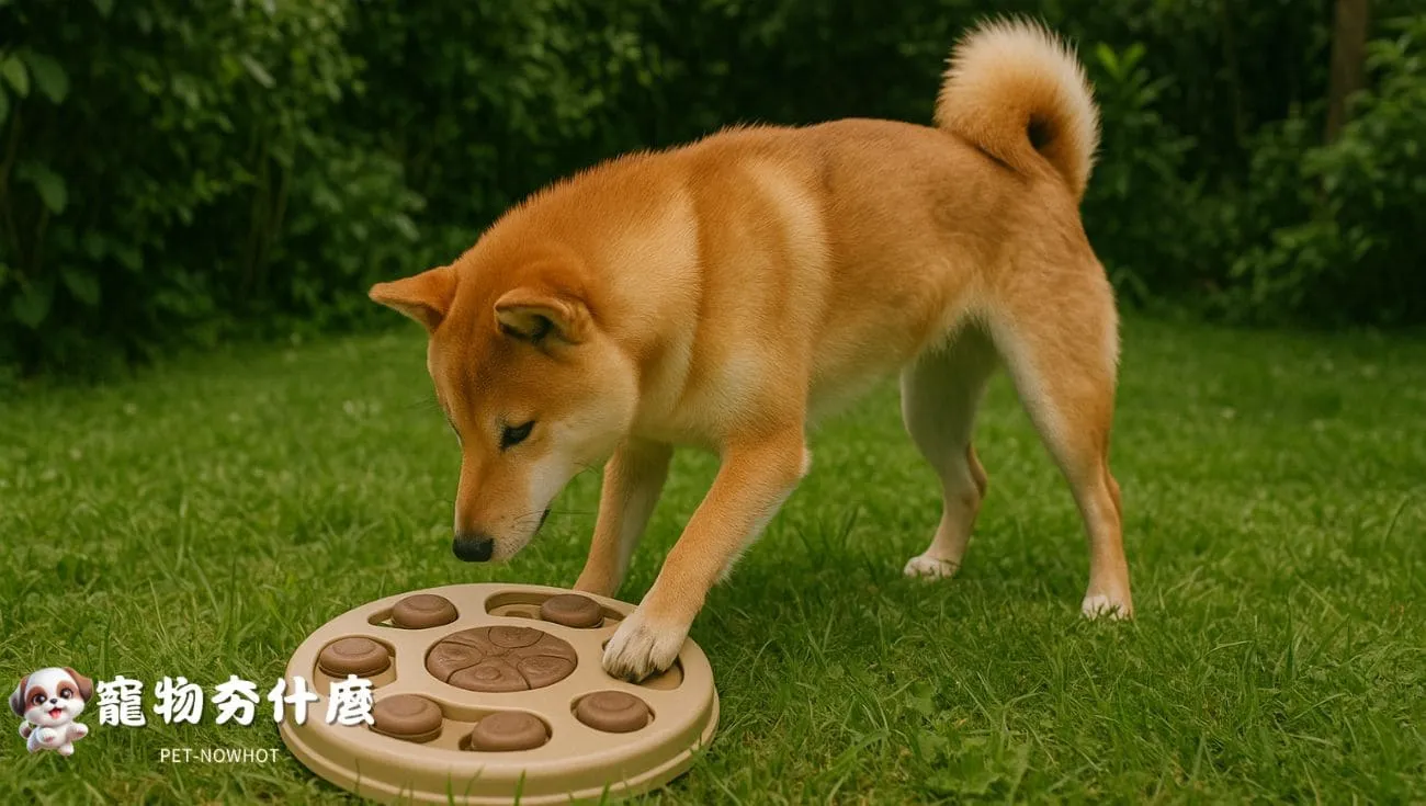 柴犬在草地專注互動玩具