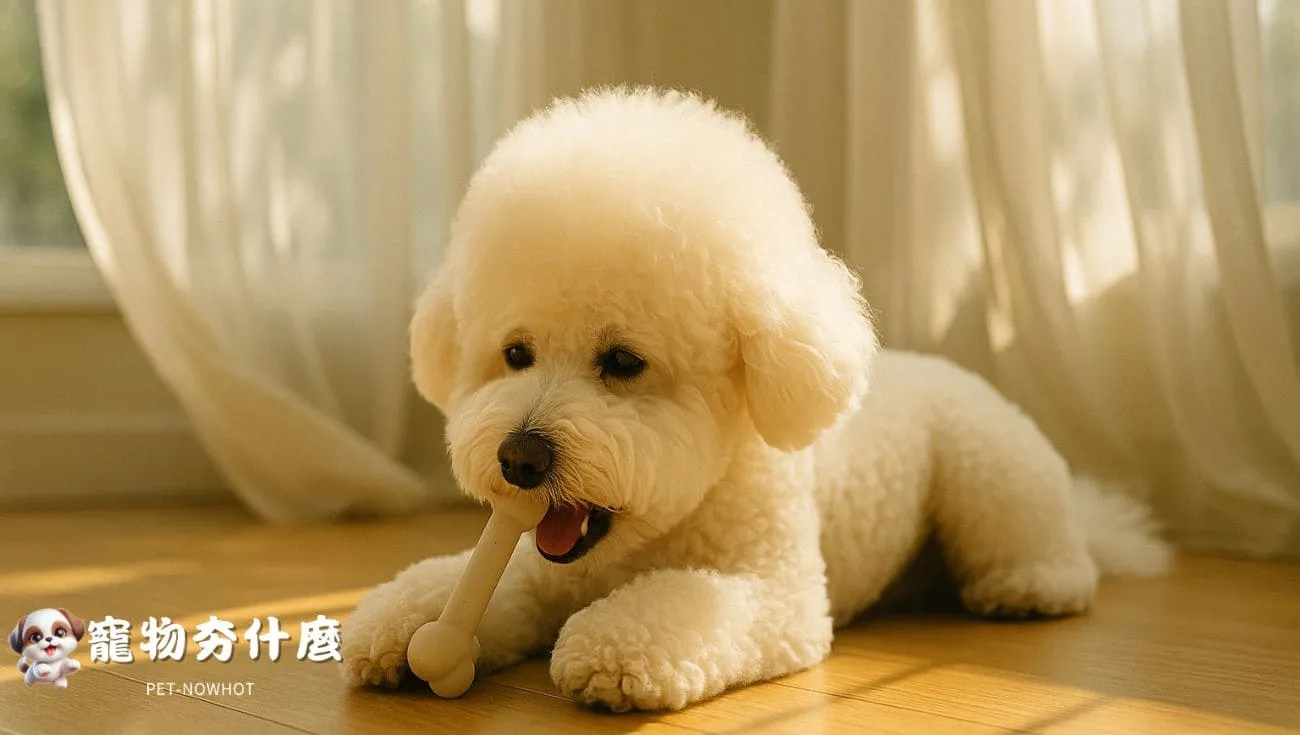 比熊犬獨自在陽光房間啃咬玩具