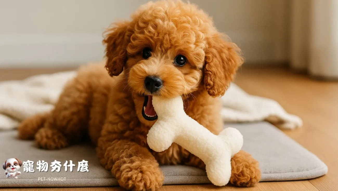 貴賓幼犬啃咬絨毛玩具