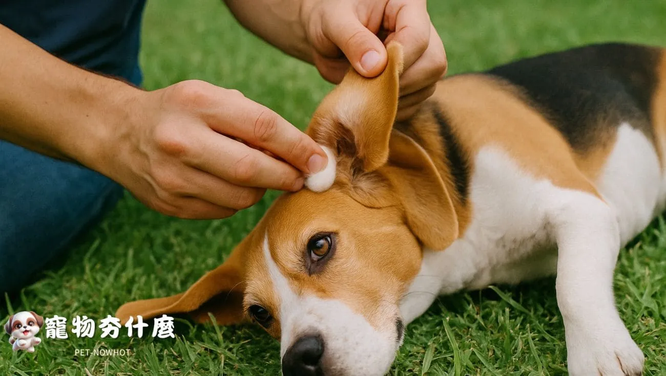 比格犬躺著清潔耳朵