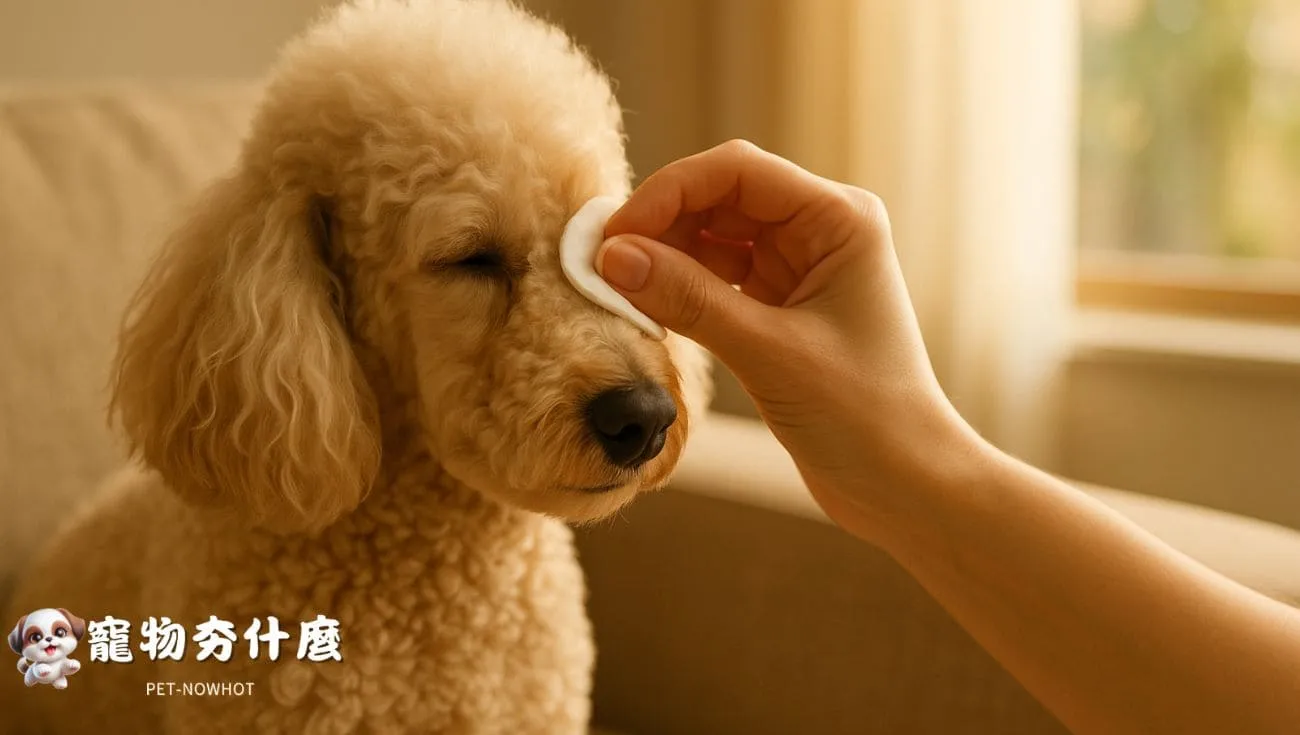 飼主為貴賓犬擦拭眼角