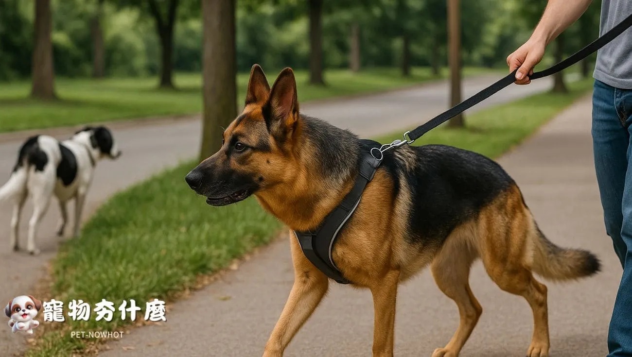 德國狼犬牽繩控制下冷靜通過