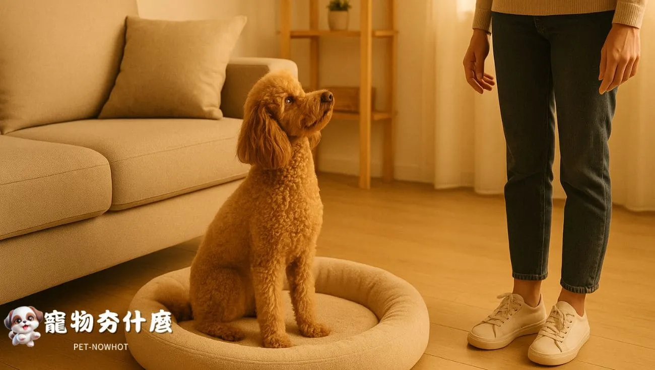 貴賓犬坐在專屬寵物床