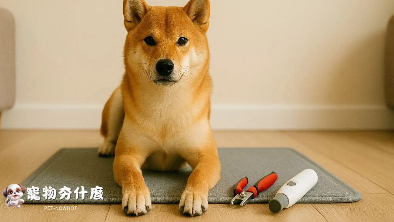 柴犬與剪甲工具安靜相處