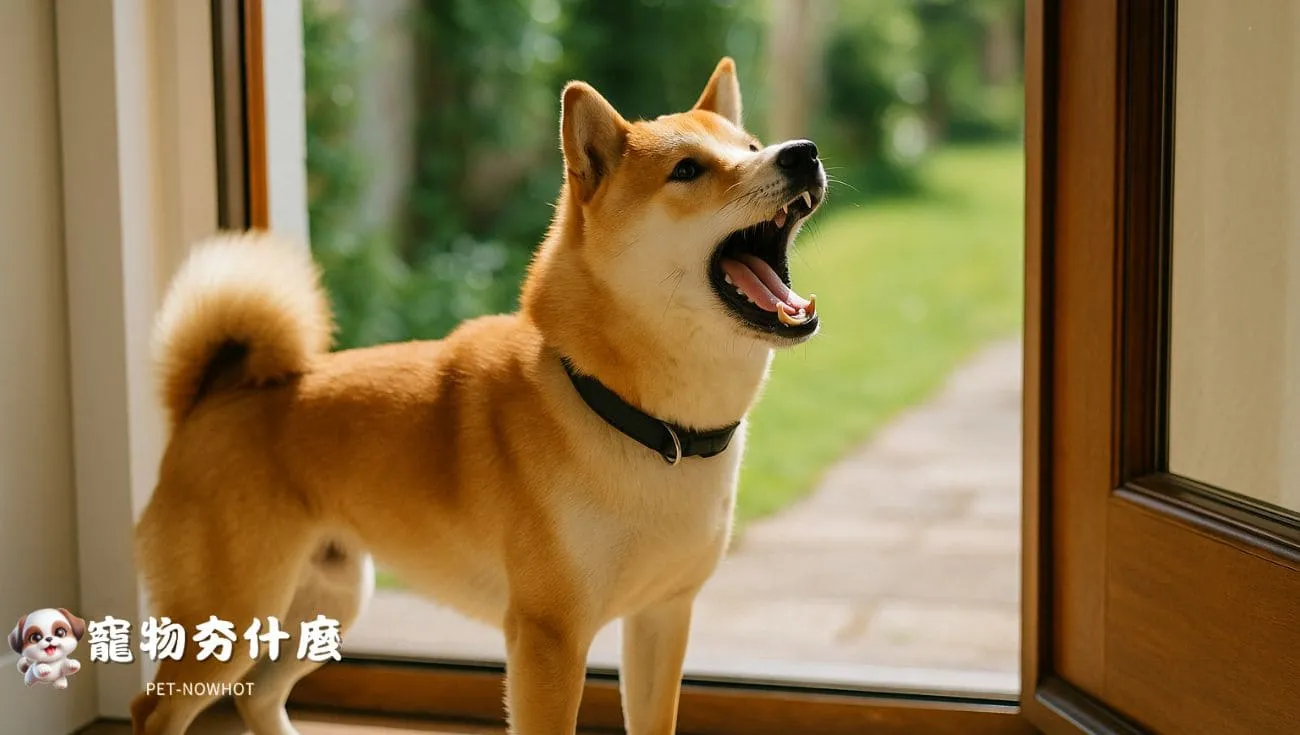 柴犬在家門口興奮地吠叫