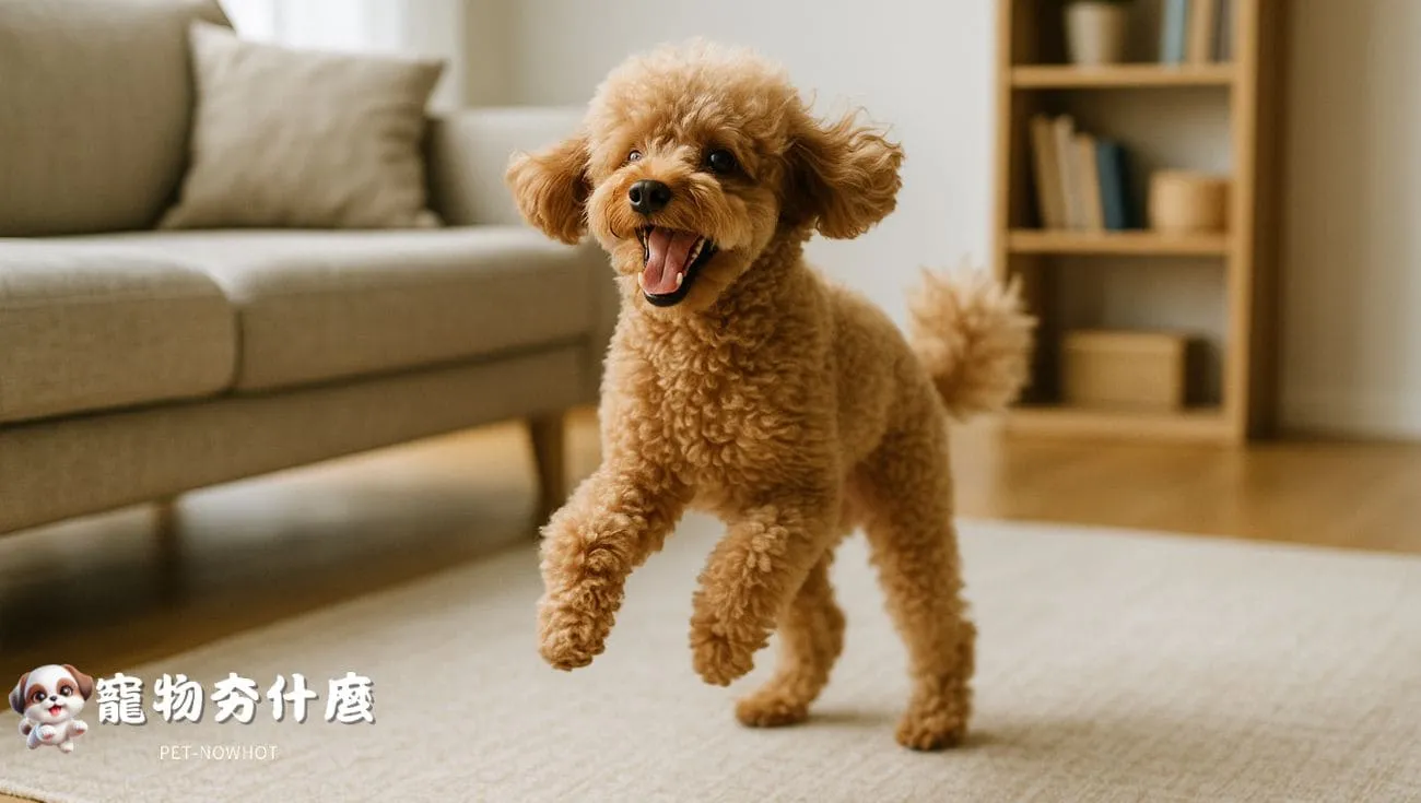 貴賓犬在客廳地毯上旋轉玩耍
