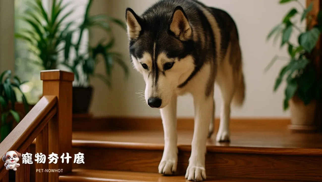 哈士奇觀察樓梯準備下樓