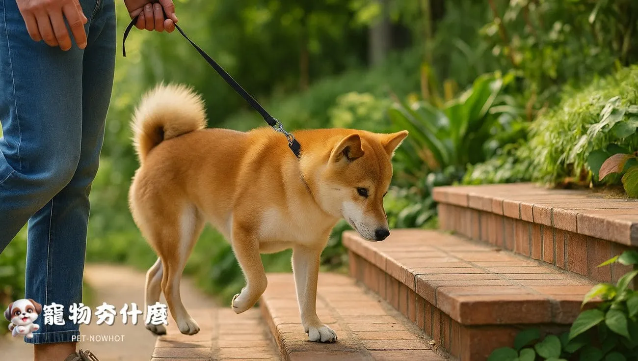 柴犬在主人引導下上樓