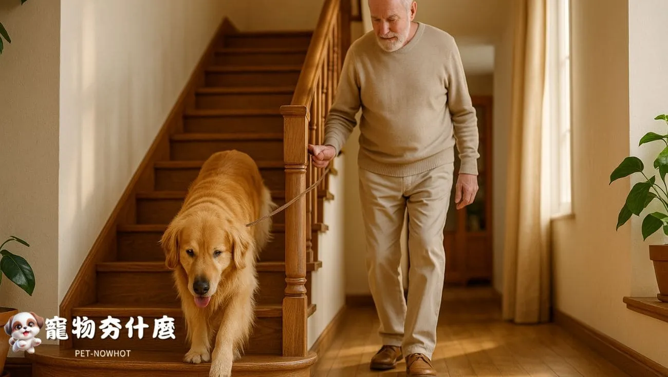 黃金獵犬陪伴長者下樓
