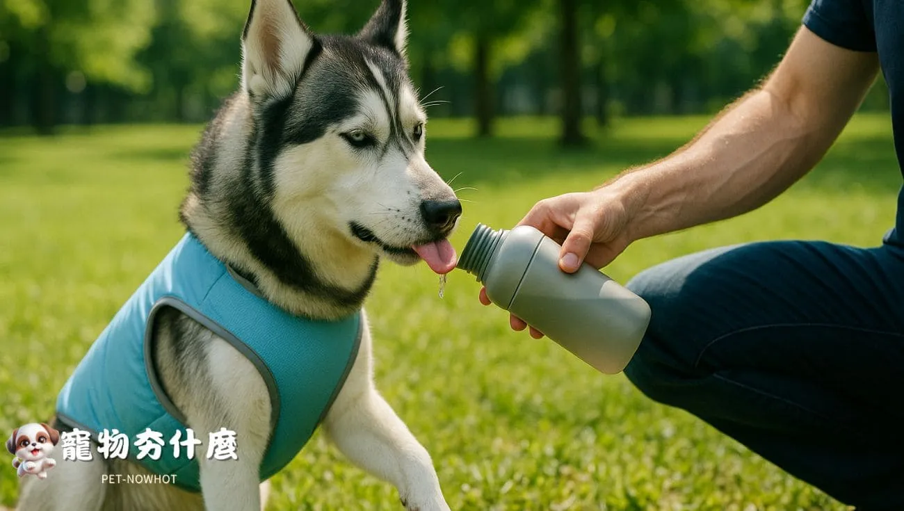 哈士奇穿涼感衣喝水補水