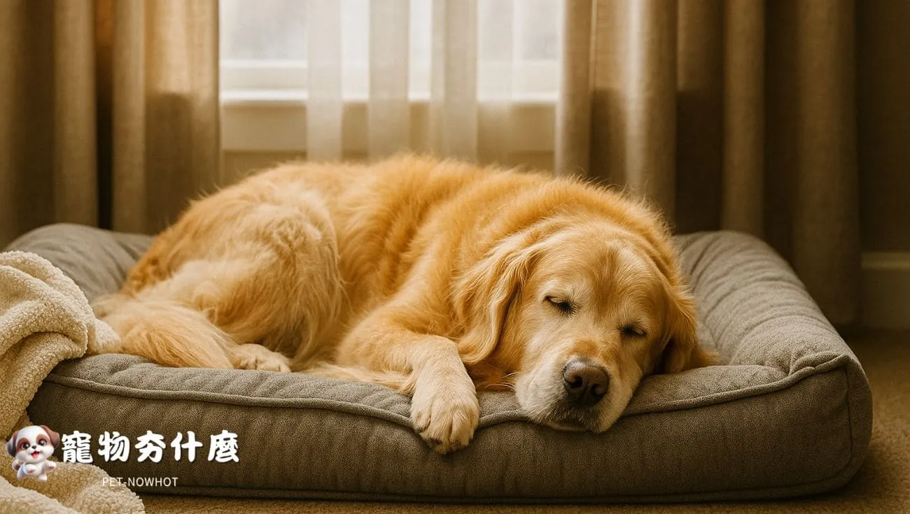 年長黃金獵犬睡在保暖墊上