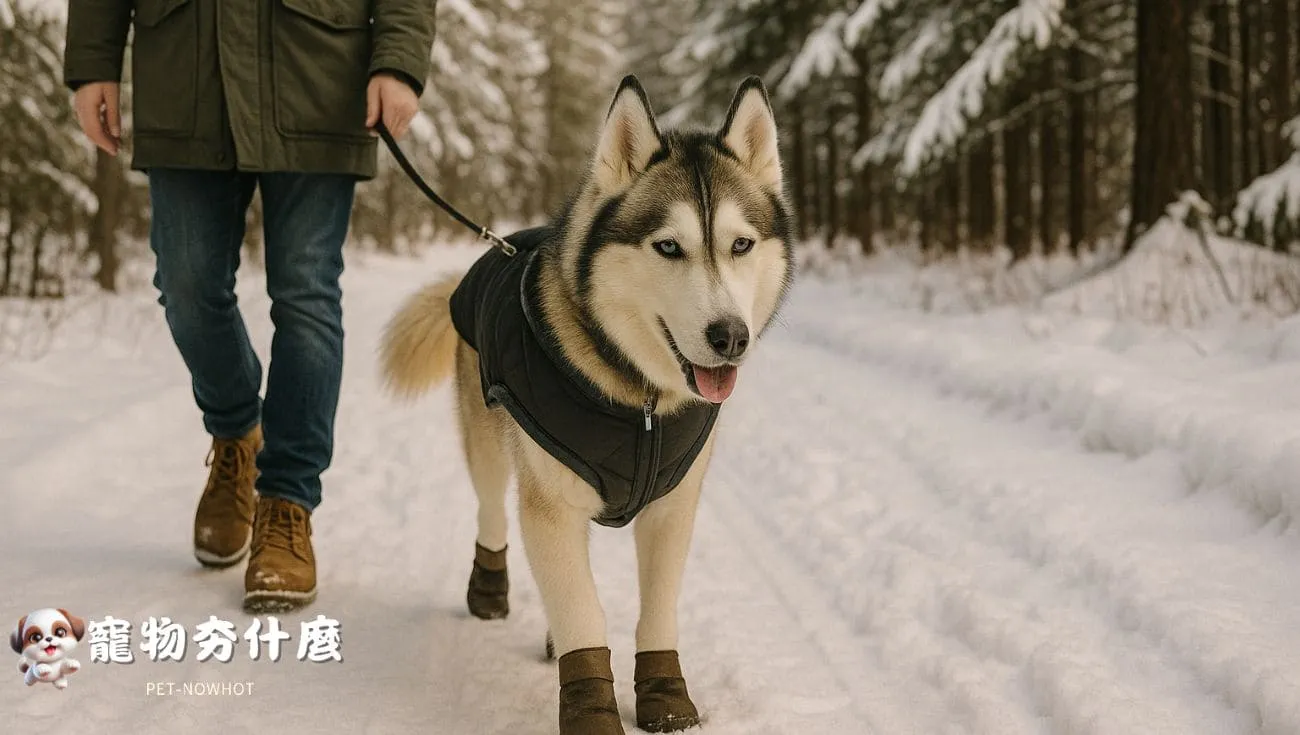 哈士奇穿鞋外出散步雪林中