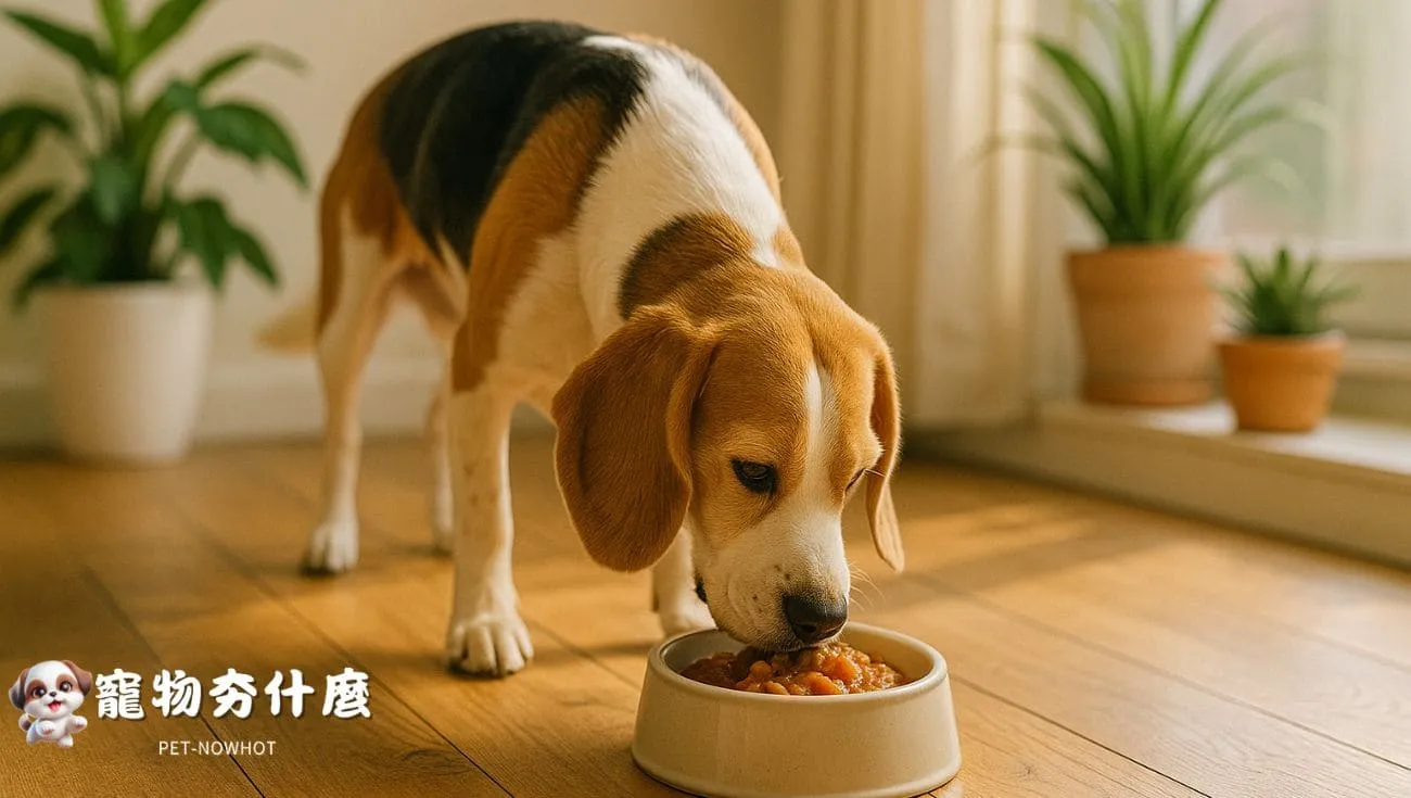 米格魯吃熱騰騰高蛋白食物