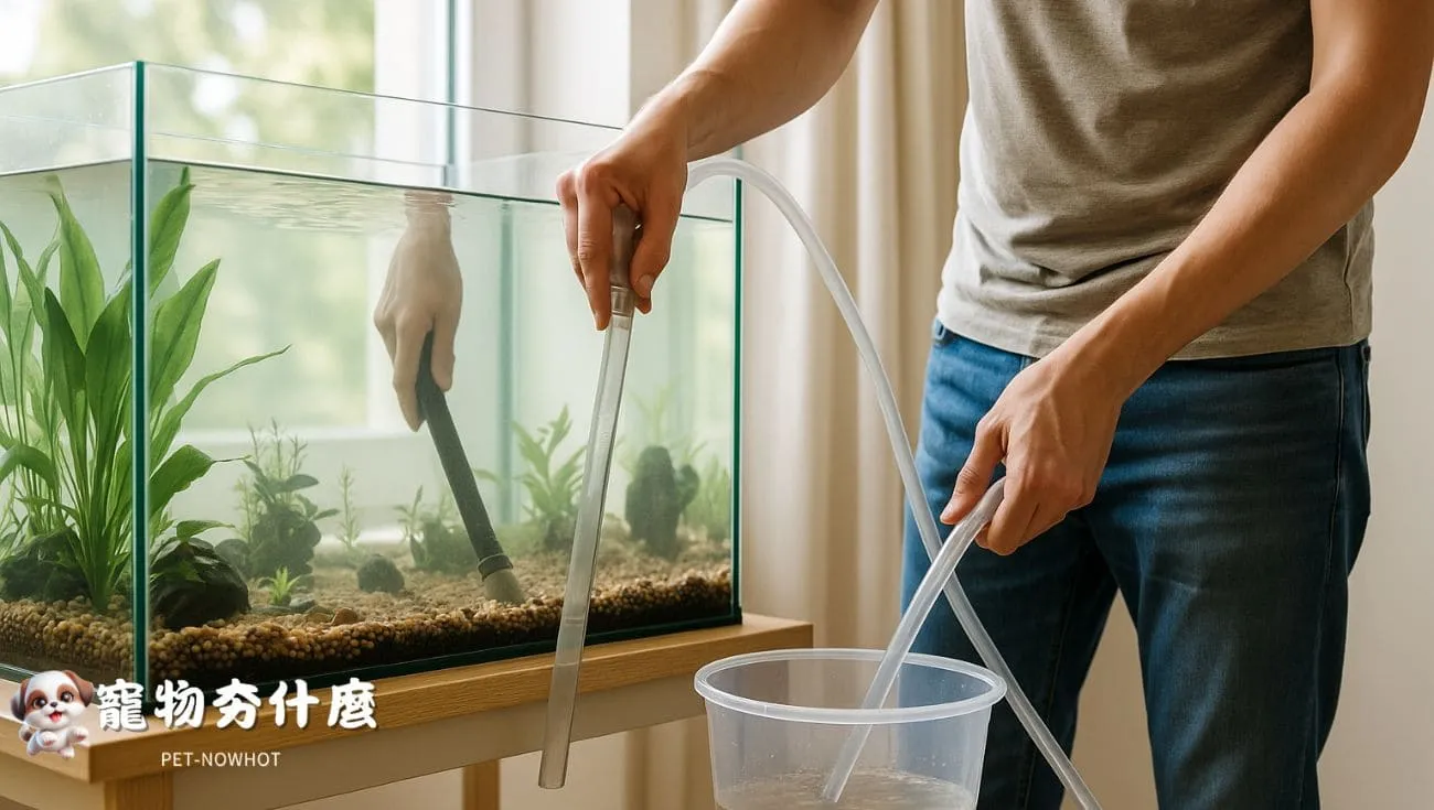 清理魚缸底砂換水畫面