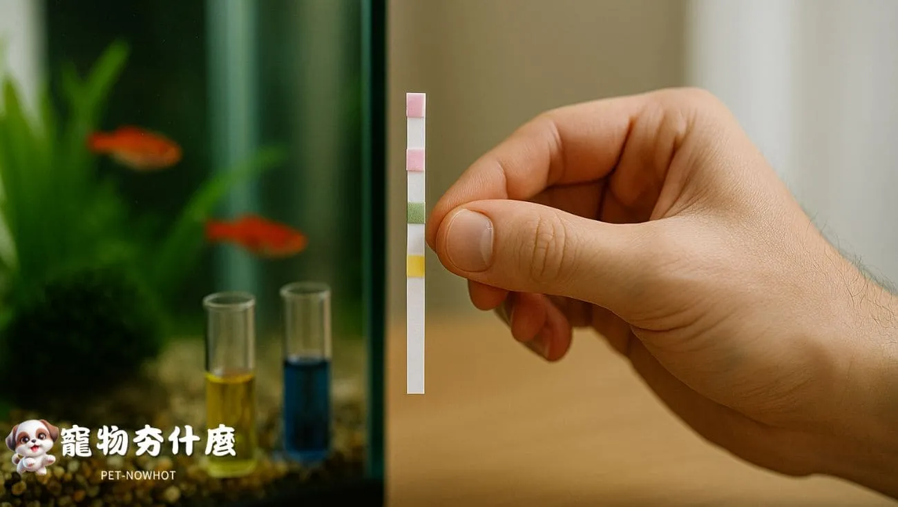 魚缸旁的水質試紙檢測
