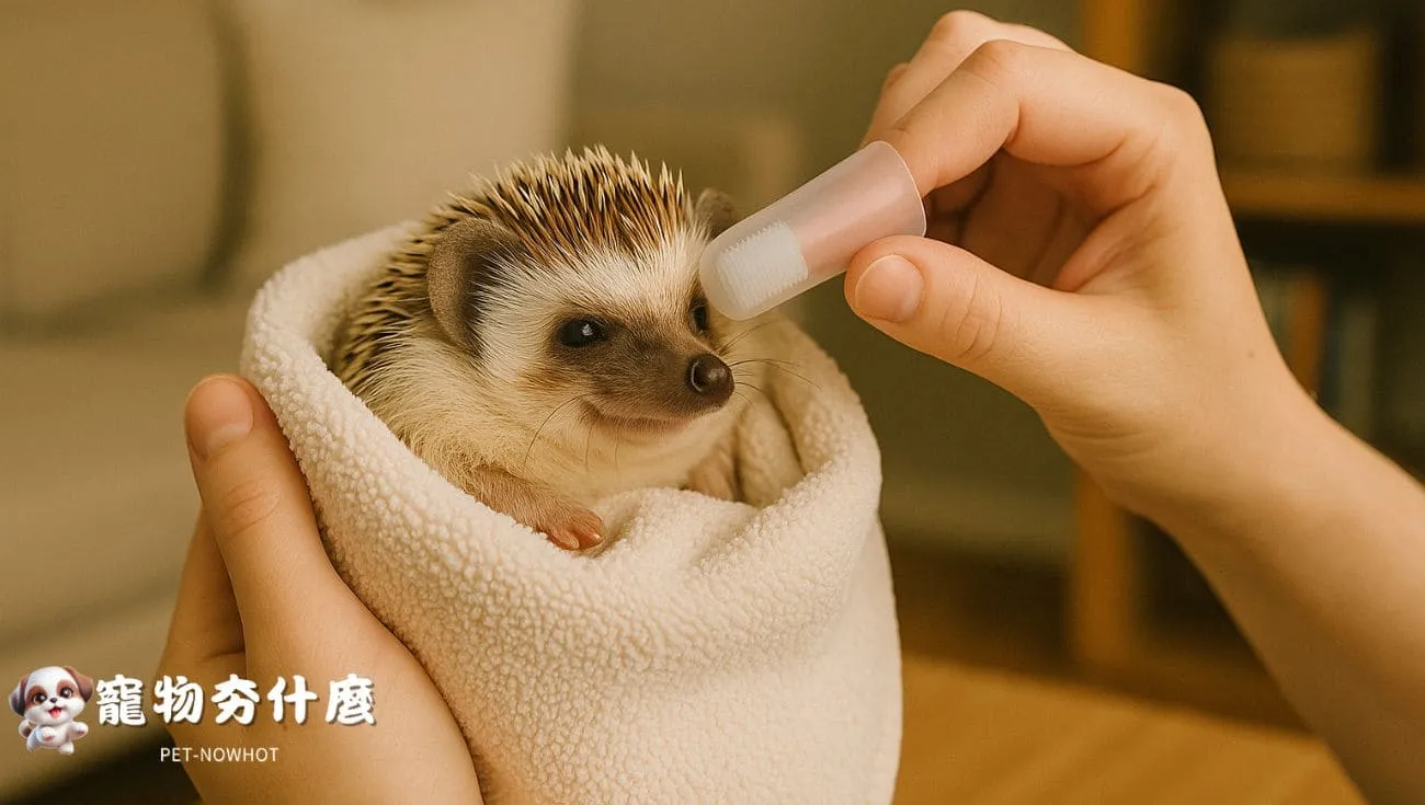飼主溫柔為刺蝟刷牙的實拍場景