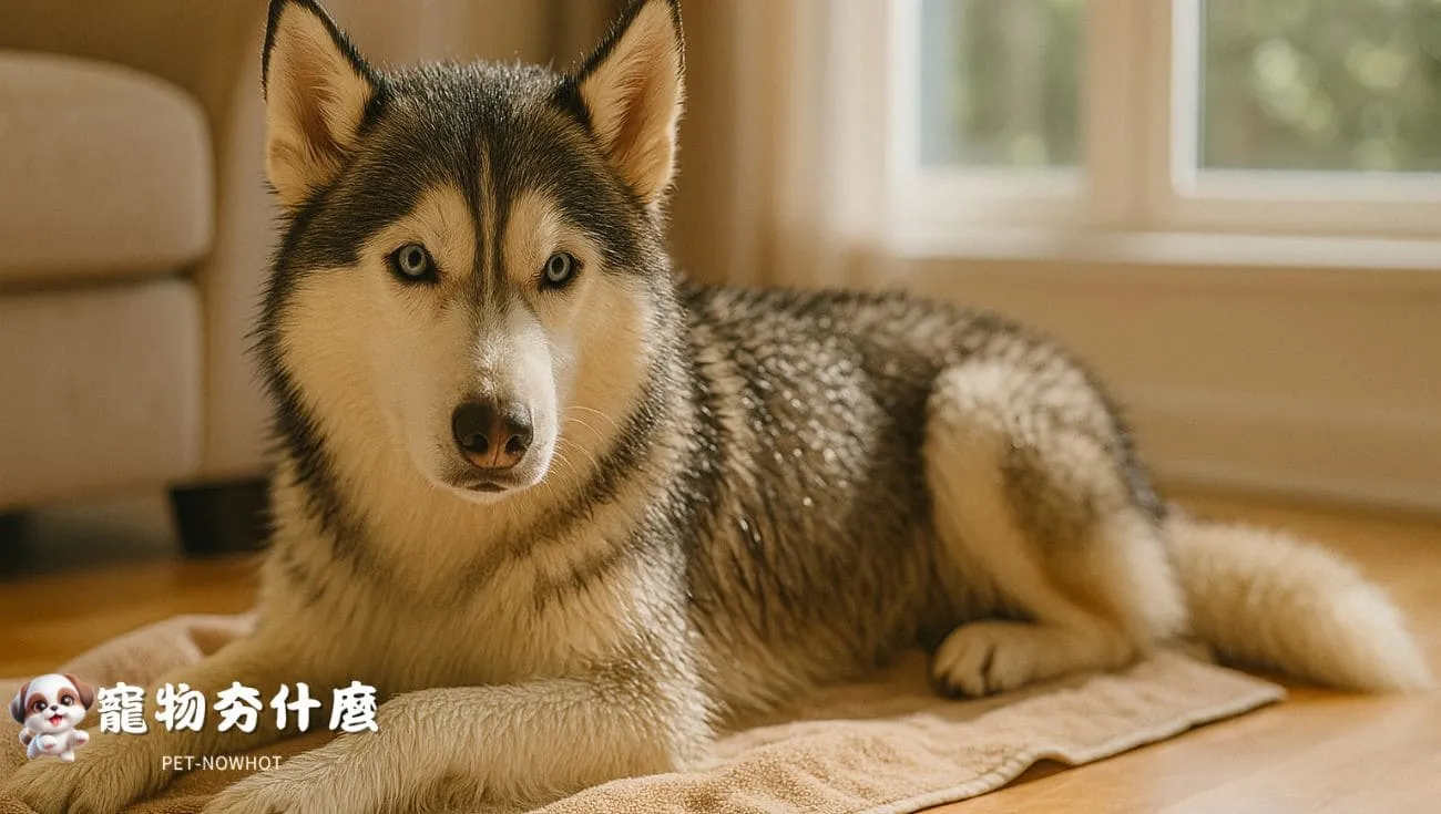 哈士奇洗澡後休息圖