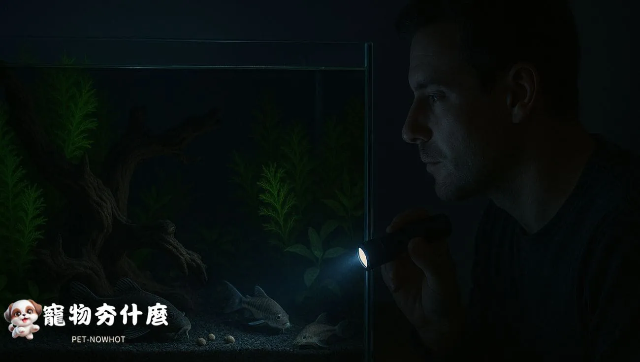 飼主夜間觀察夜行性魚類情境