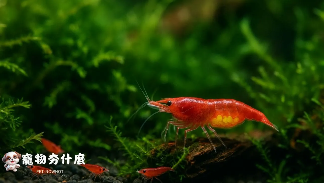 幼蝦與懷卵母蝦共處水草間