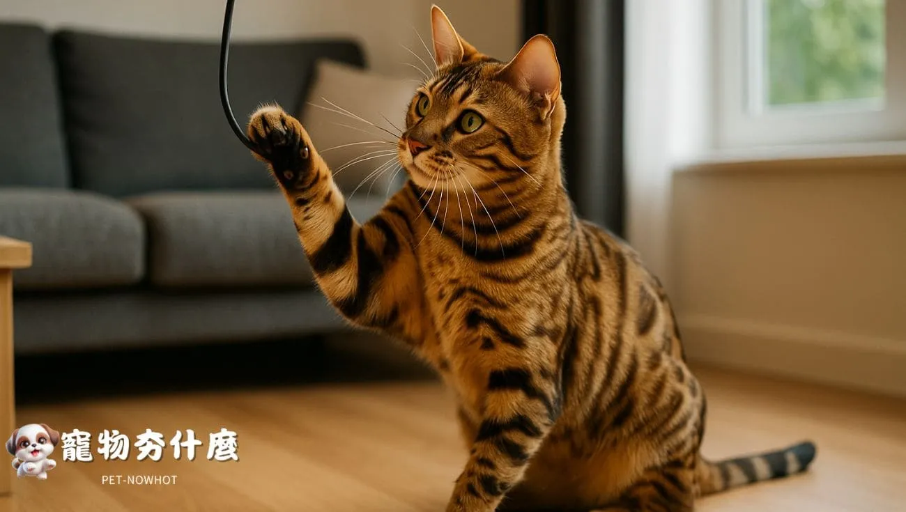 孟加拉貓撥弄吊掛電線