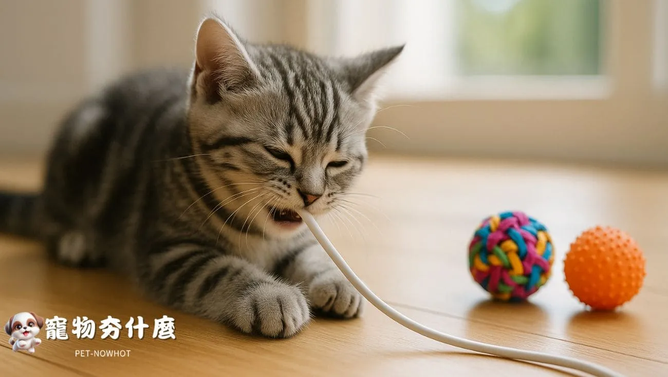 美短幼貓啃咬白色電線