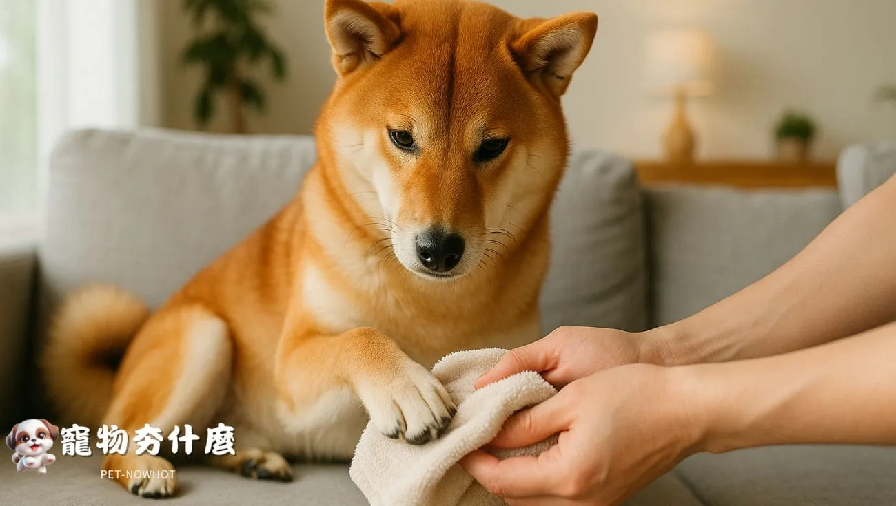 飼主幫柴犬擦拭腳掌