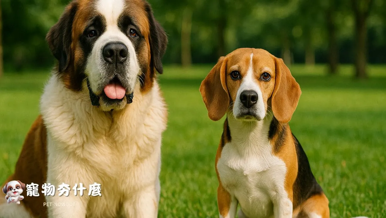 聖伯納犬與米格魯並排坐著