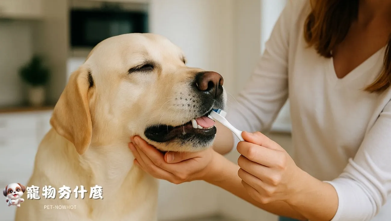 飼主在廚房為拉布拉多刷牙