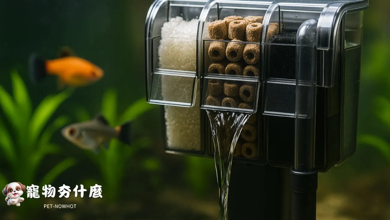 現代魚缸多層過濾設備攝影圖