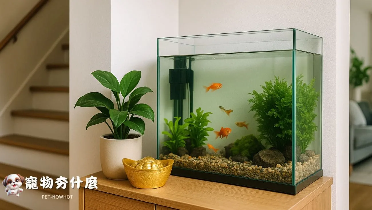 魚缸財位擺放與聚寶盆示意