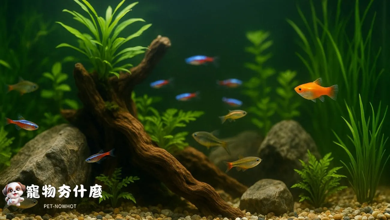 自然風格魚缸內部造景示意