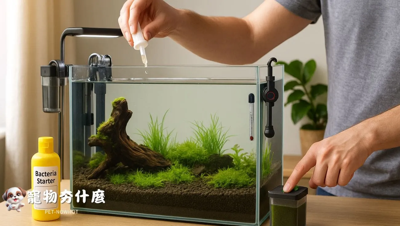 蝦缸養水與啟動流程圖