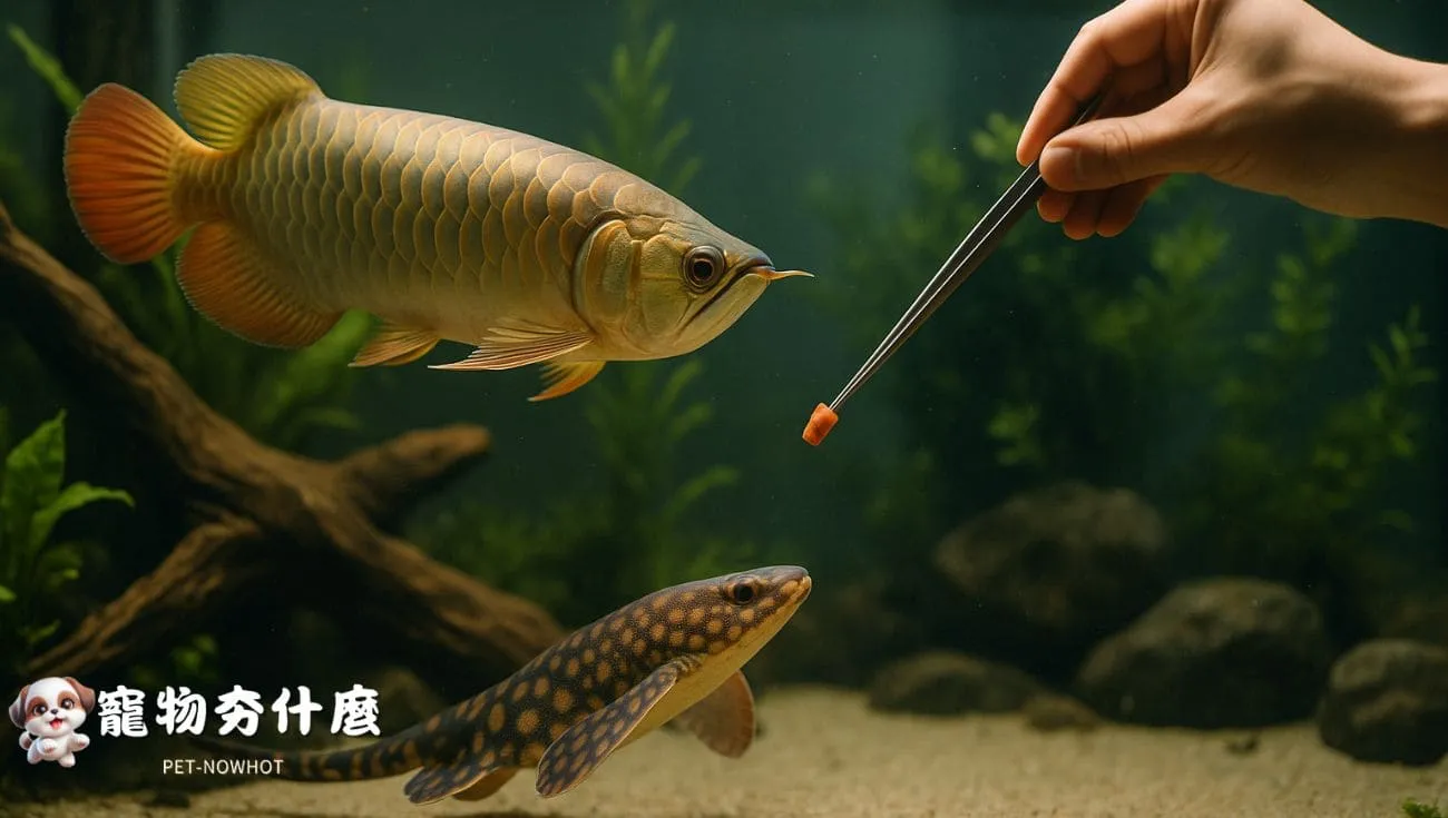 飼主餵食龍魚魟魚互動