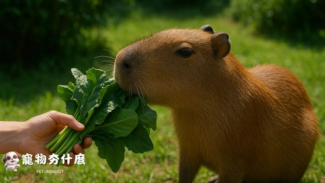 水豚手餵蔬菜攝影圖