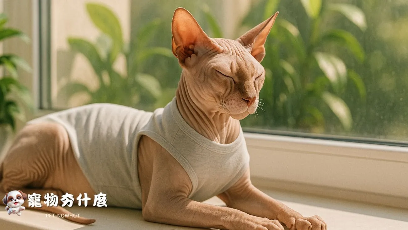 無毛貓穿防曬衣窗台圖